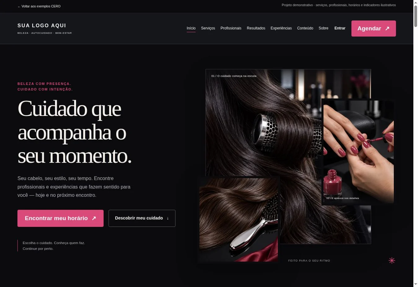 Primeira dobra real de Beleza: identidade escura, fotografias de cuidado capilar e manicure e chamada para escolher horário.