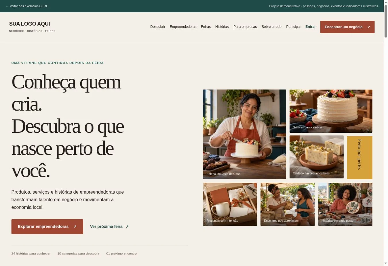 Home real de Empreendedoras: Sua logo aqui, negócios, histórias, feiras e chamada para explorar a rede.