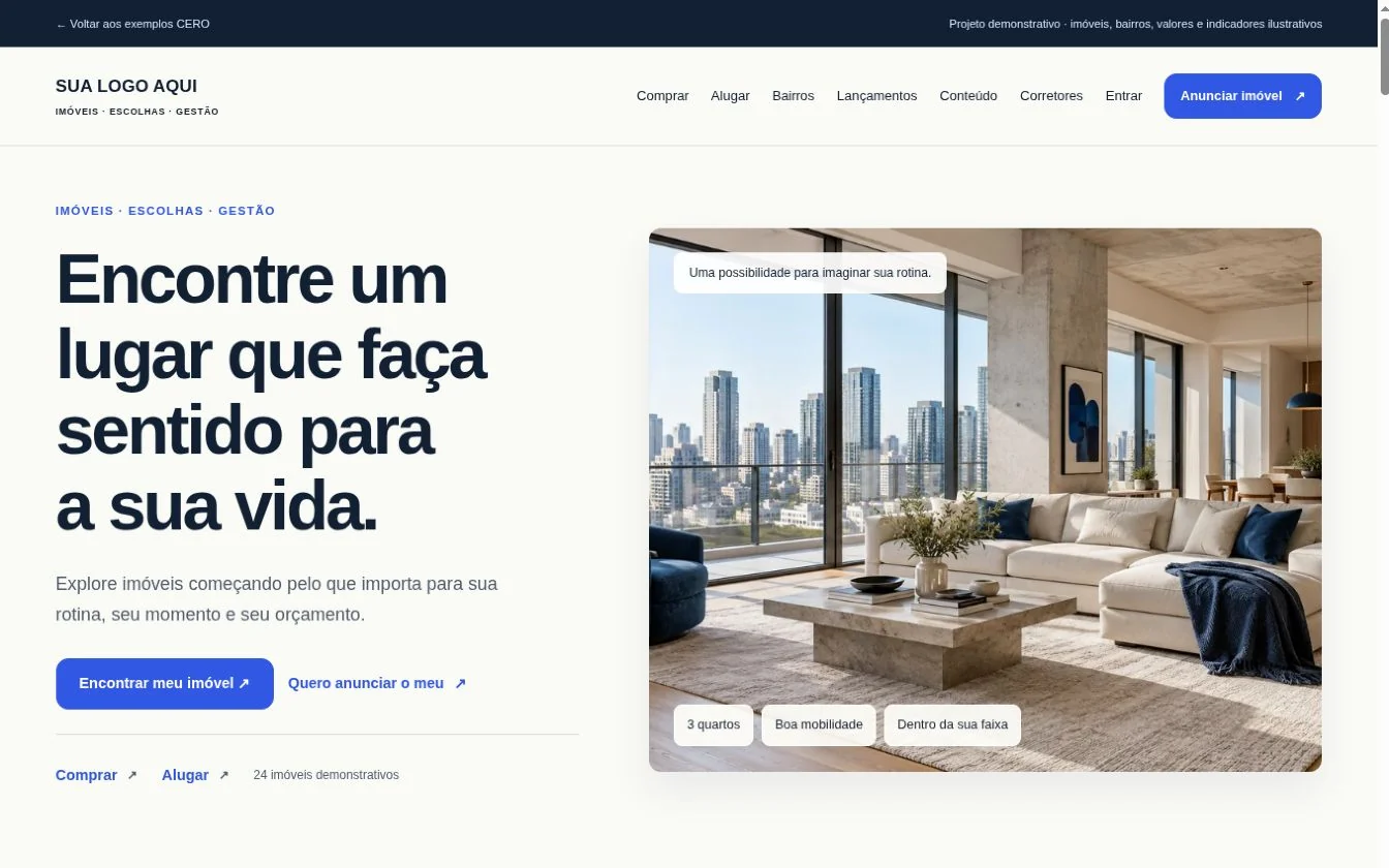 Primeira dobra real do site imobiliário: Sua logo aqui, navegação, headline, interior arquitetônico e chamada para encontrar um imóvel.