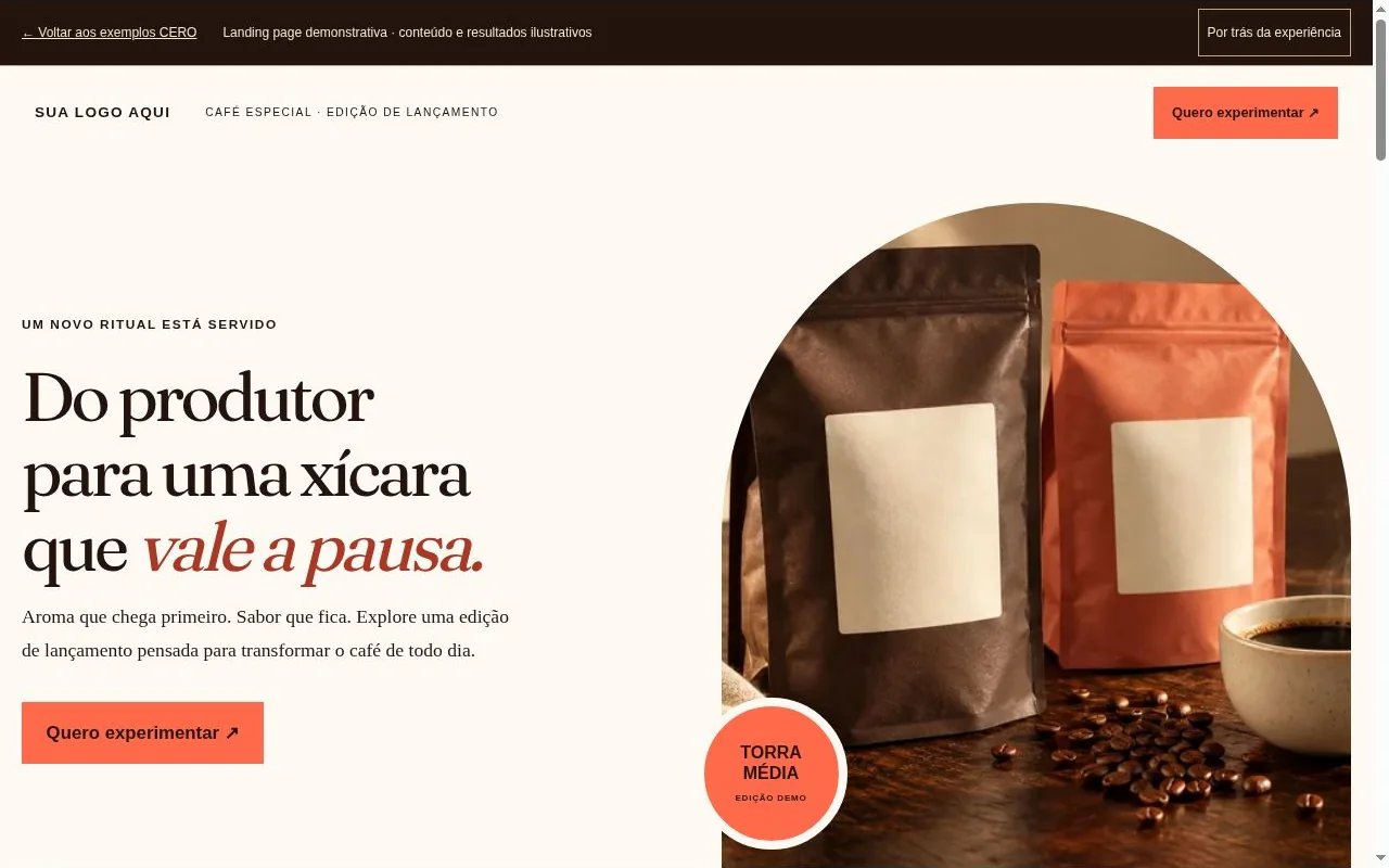 Primeira dobra real da landing page de café especial: marca-placeholder, headline, identidade e chamada para ação.