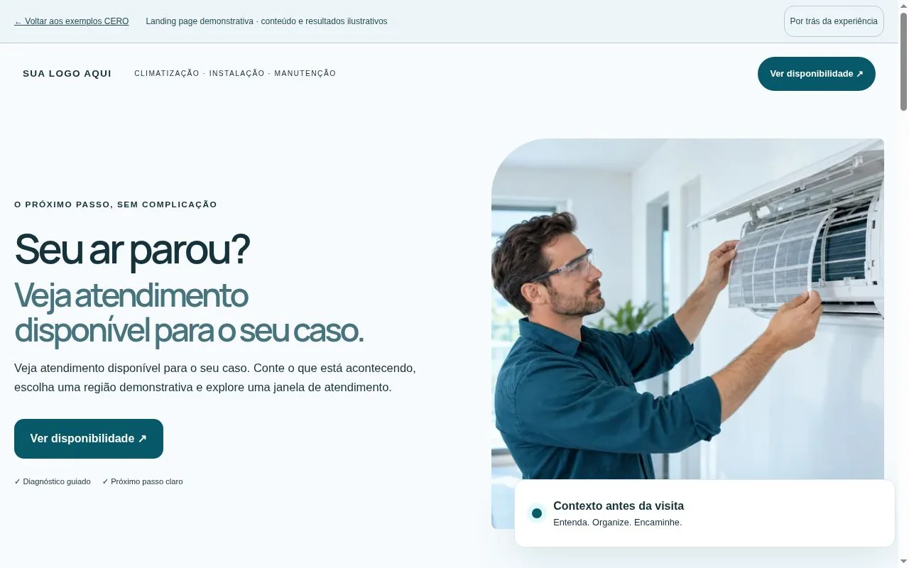 Primeira dobra real da landing page de climatização: marca-placeholder, headline, identidade e chamada para ação.