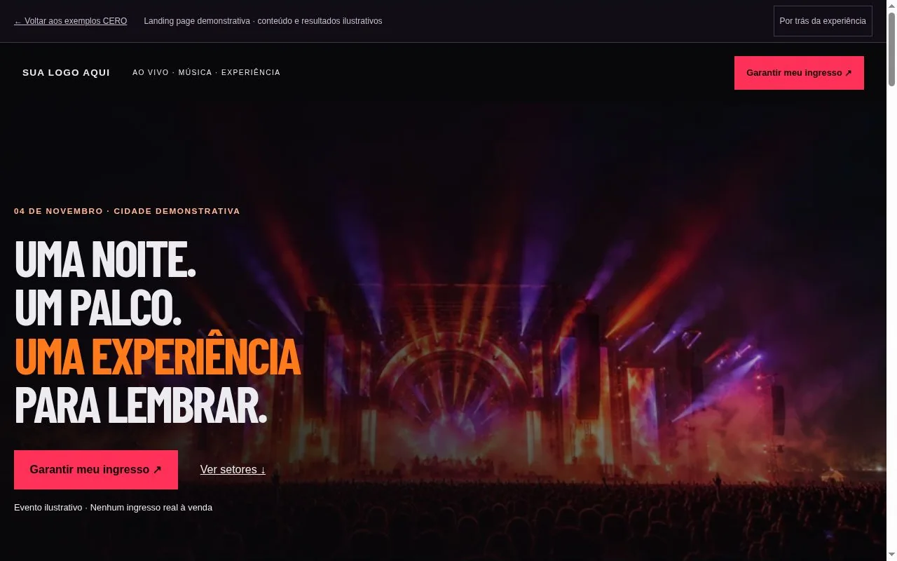 Primeira dobra real da landing page de evento musical: marca-placeholder, headline, identidade e chamada para ação.
