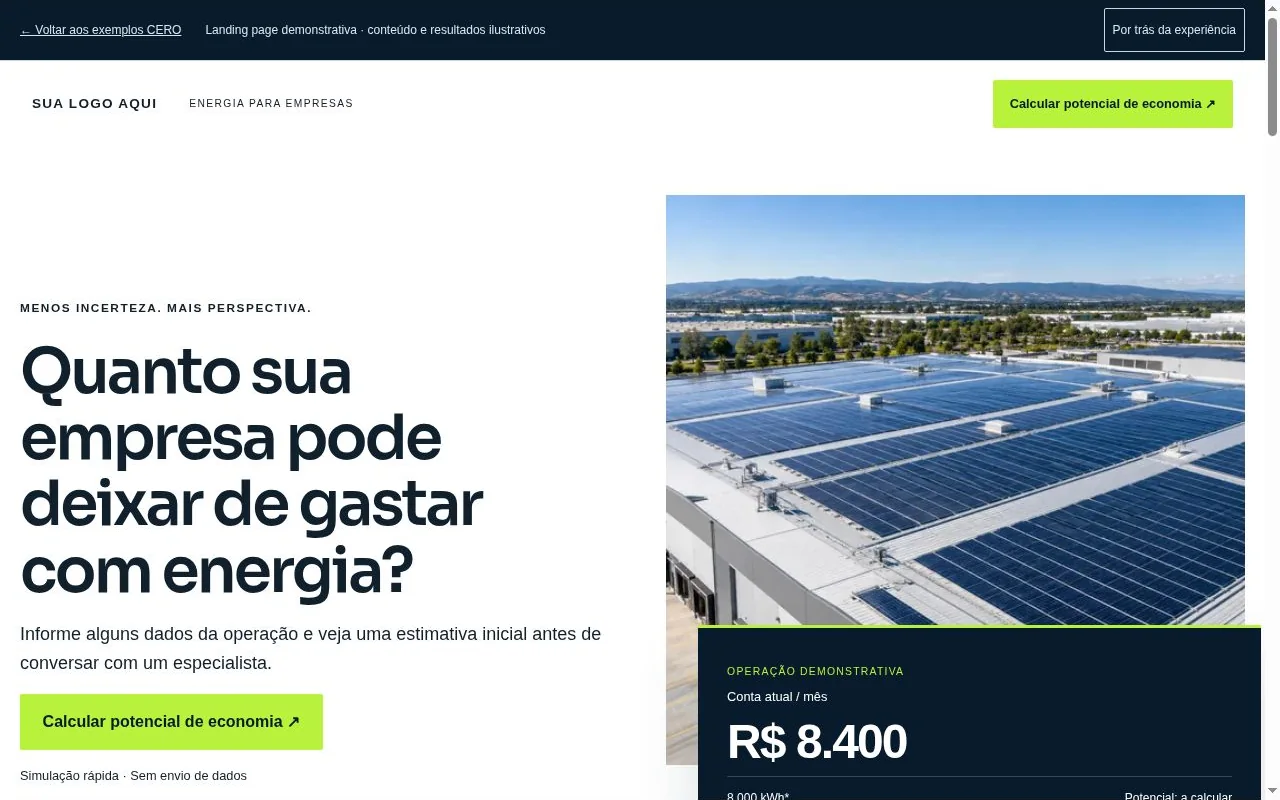 Primeira dobra real da landing page de energia solar empresarial: marca-placeholder, headline, identidade e chamada para ação.