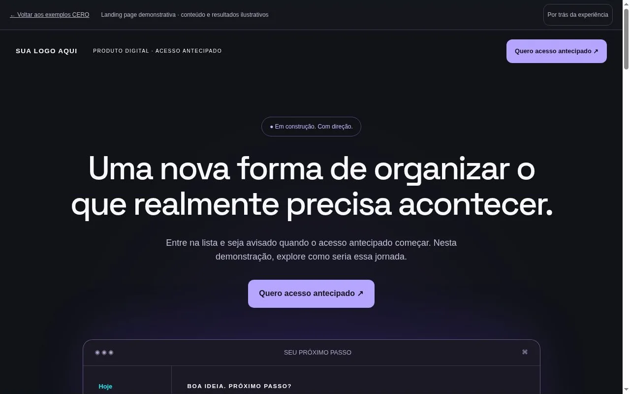 Primeira dobra real da landing page de acesso antecipado: marca-placeholder, headline, identidade e chamada para ação.