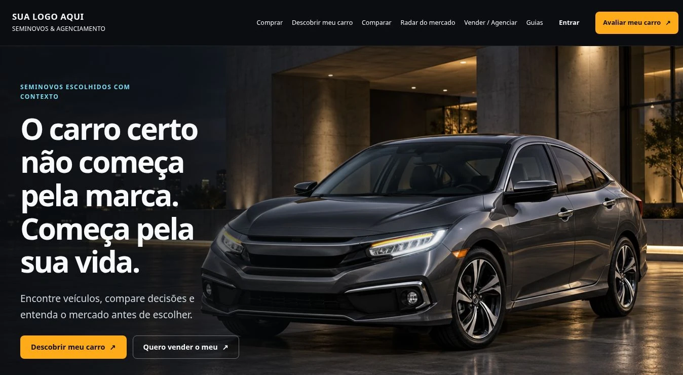 Primeira dobra do site demonstrativo automotivo para seminovos.