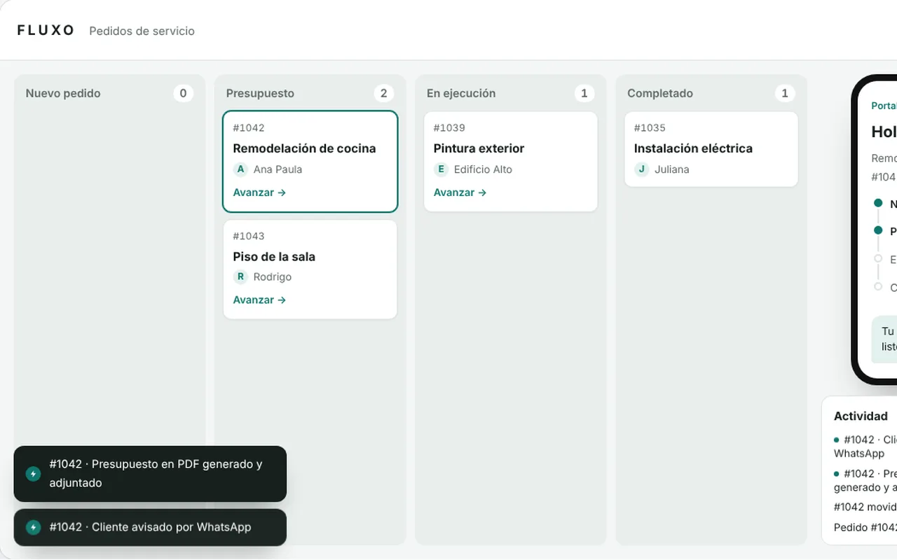 Tablero de pedidos FLUXO con etapas y avisos automáticos.