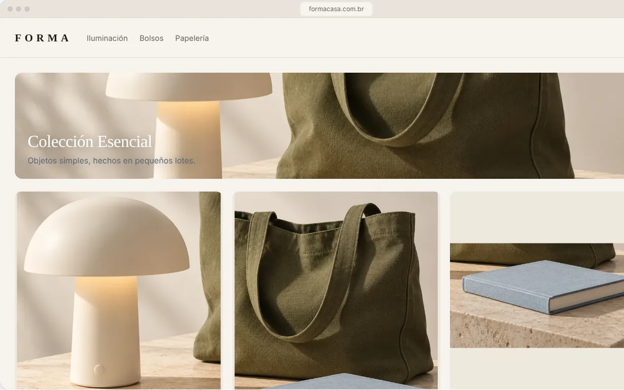 Tienda FORMA con colección de lámpara, bolso y cuaderno.